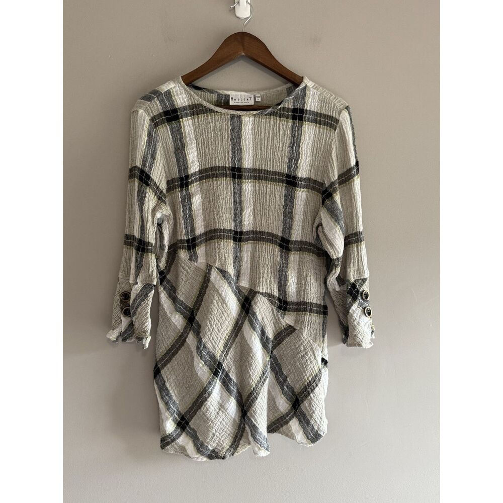 Habitat Linen Blend Top Crinkle Artsy Blouse Button Cuff Asymmetric Lagenlook XL - Picture 2 of 13